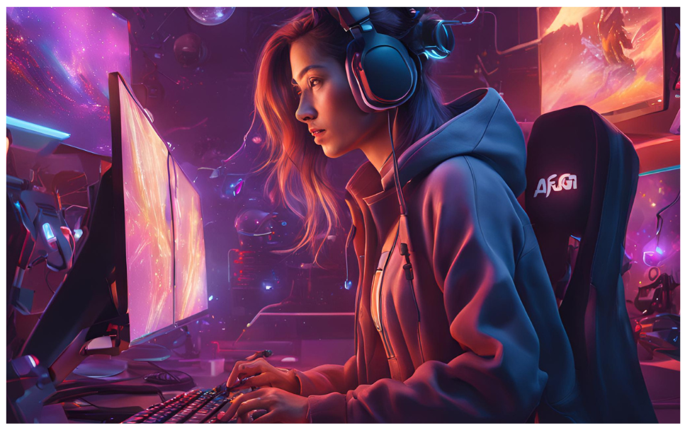 A female gamer immersed in a futuristic gaming setup, analyzing data on dual monitors with vibrant, neon visuals. She’s seated in a branded gaming chair, symbolizing innovation and engagement—perfectly capturing the essence of unstructured data analysis in gaming.